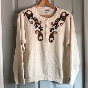 Leslie Fay Sportswear L Embroidered Ramie Acrylic Crewneck Long Sleeve Sweater